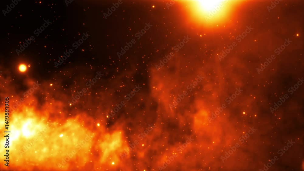 Wall mural loop orange gold fire particles floating flow to top right with smoke cloud and flare light cinemati