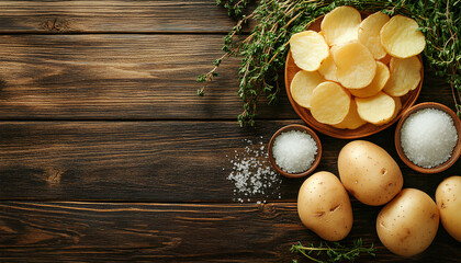 Tasty chips, salt and raw potatoes on wooden table
