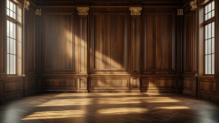 Ornate, sun-drenched wooden paneled room.