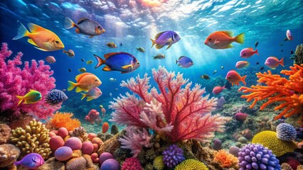 Vibrant Underwater Scene Showcasing a Diverse Array of Colorful Fish and Coral Reefs