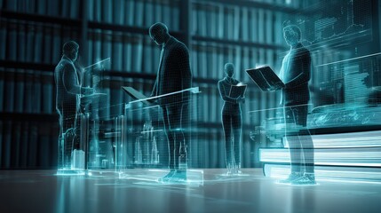 Group of diverse professionals collaborating in a library focused on ai legal assistant concepts and innovations