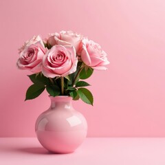 Fototapeta premium Delicate pink roses in a matching vase, soft pink backdrop , image, bouquet