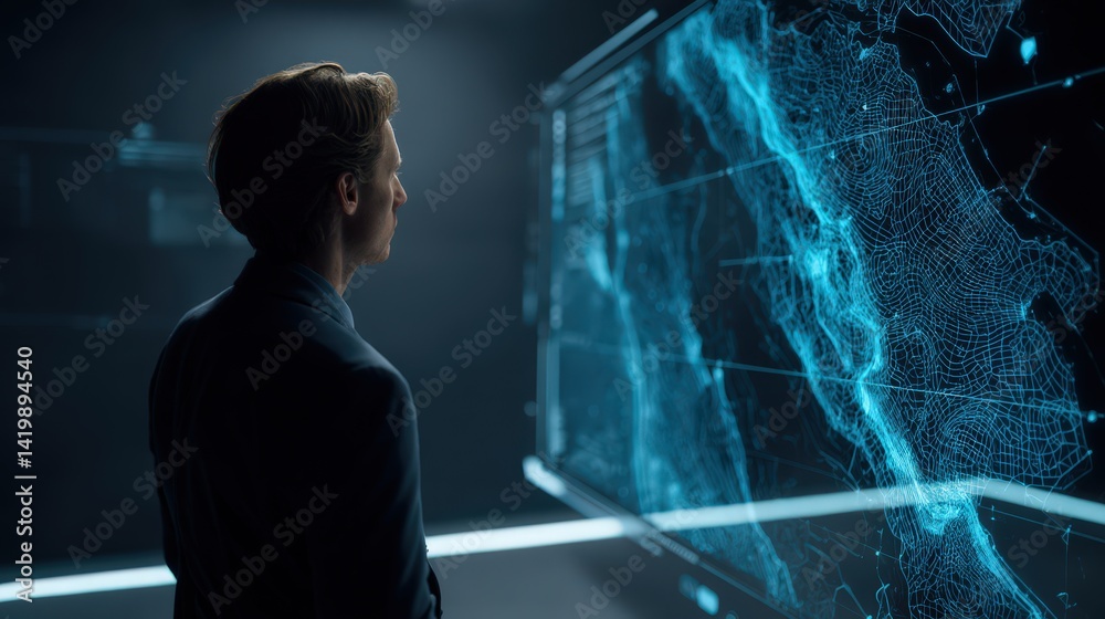 Poster individual concentrating on computer screen while analyzing visual data in a bright and modern offic