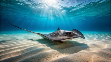 Serene underwater scene of a majestic stingray gracefully gliding across a sun-dappled sandy seabed