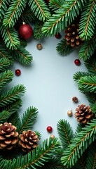 Lush fir boughs, scattered pine cones, textured Christmas scene, photography, cone