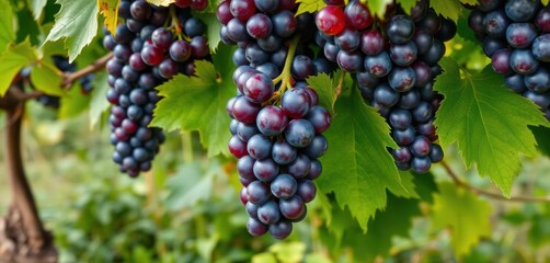 Luscious purple grapes on the vine with vibrant green leaves, set against a verdant backdrop, juicy, nutrition, food