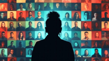 Person observing virtual meeting with diverse faces