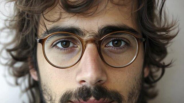 Thoughtful young man with glasses and curly hair gazing directly at the camera with a neutral expression