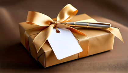 Elegantly wrapped gift with a golden ribbon, a blank tag and pen. Perfect for celebratory occasions, expressing appreciation, or symbolizing thoughtful gestures.