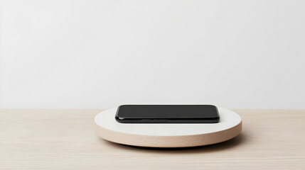 Black Smartphone On White Round Stand On Light Wood Surface