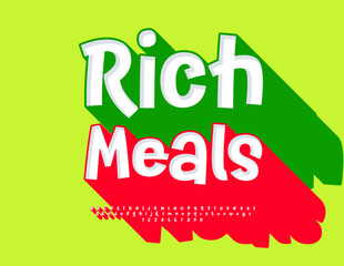 Vector Advertising signboard Rustic Meals. Cool 3D Font with Big Red Shadow. Exclusive Alphabet Letters and Numbers set.