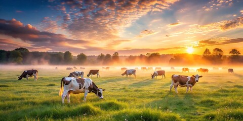 Serene Sunrise Pasture Cows Grazing in Misty Meadow at Golden Hour