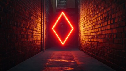 A neon red diamond shape glows in a dark alleyway