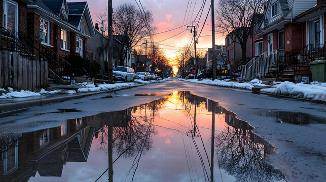 Winter Sunset Reflections On City Street