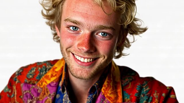 Young man with curly hair wearing colorful patterned shirt and smiling brightly against a neutral background