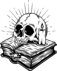 Dark Gothic skull and bone design in detailed SVG vector style. Skull with Candle on Open Book in Vintage Black and White Style Illustration