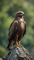 Majestic brown eagle perched proudly on rock soft morning light. AI Generated