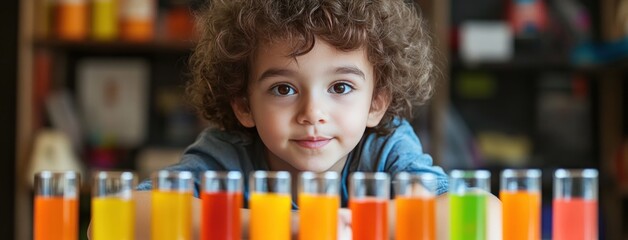 Learning through discovery: A child with a curious look conducts a science experiment using test tubes and liquids.