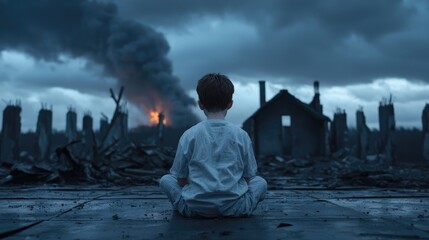 Child amidst devastation. A young boy sits amidst the ruins of a city, facing a burning cityscape