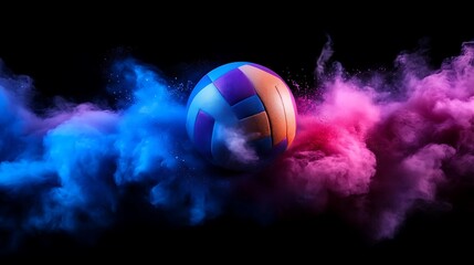 Vibrant volleyball surrounded by colorful powder clouds.
