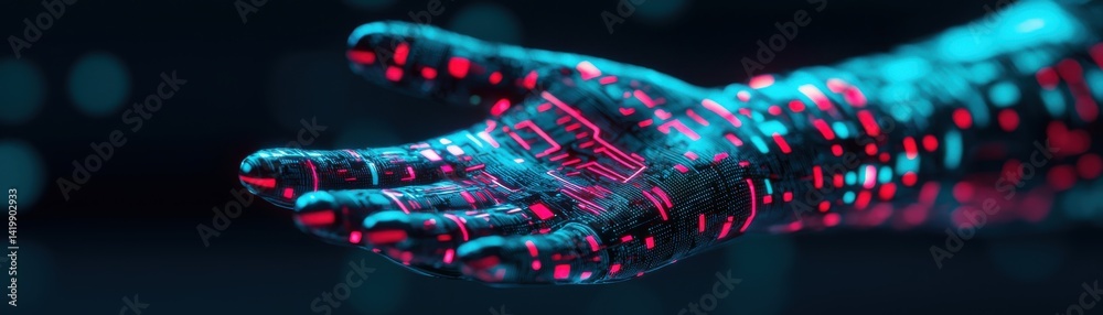 Poster digital interaction futuristic display technology virtual environment close-up view hand with data p