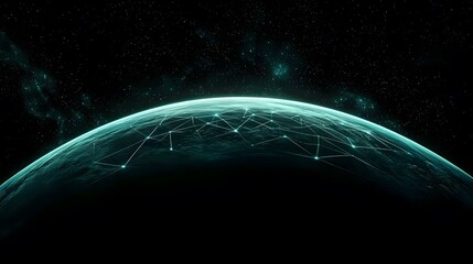 The image shows a stylized depiction of planet Earth from space, with a teal-colored glow, and an overlay of a glowing network of interconnected nodes across its surface, suggesting global connectivi