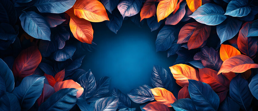 A glowing blue circular frame surrounded by vibrant, lush tropical leaves on a dark background