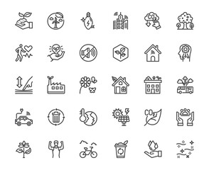 Outline icon set representing a green and sustainable city. Includes symbols of renewable energy. Perfect for environmental campaigns, infographics, and green technology projects, editable stroke line
