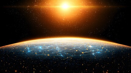 Obraz premium The image shows a planet Earth-like world viewed from space, with a bright star or sun in the background. A network of interconnected nodes is overlaid on the planet's surface, suggesting global conn