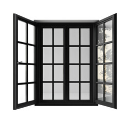 Open black window frames showcasing natural light and views isolated on transparent background