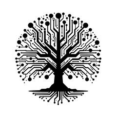Abstract tree with tech-style branches silhouette black color logo on white background