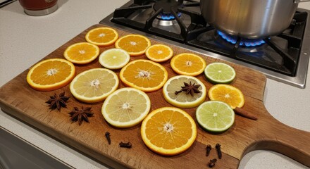 Citrus slices and spices for cooking, photo