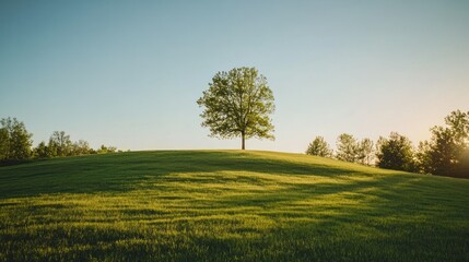 A single tree on top of a grassy green hill