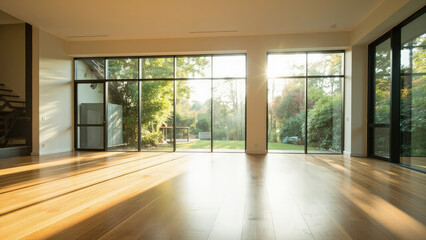Obraz premium An inviting, sun-drenched empty room with large windows, offering a view of the lush outdoor scenery. The warm sunlight illuminates the wooden floor and creates a bright, open atmosphere