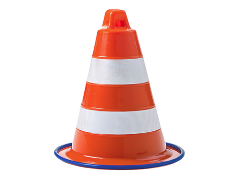 Vibrant orange traffic cone with reflective white stripes, isolated on white.  Perfect for construction, safety, warning, or roadwork concepts.