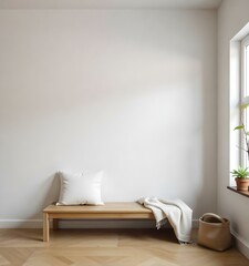 A minimalist interior with a wooden bench, a pillow , and a blanket , against a white wall, next to a window with a plant and a basket