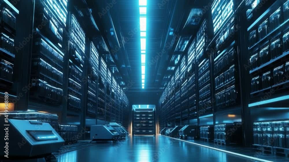Poster cyber fortress: a futuristic data center bathed in cool blue hues, showcasing rows upon rows of serv
