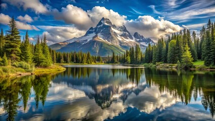 Serene Mountain Lake Reflecting Majestic Peak Under a Sky of Puffy Clouds