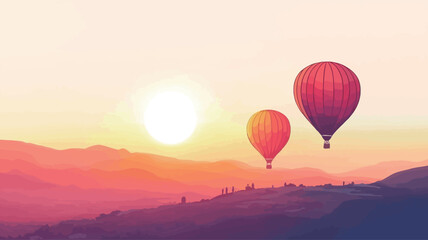 Fototapeta premium This photo shows two hot air balloons rising against a stunning backdrop. The bright sun hangs high above the horizon, casting a warm golden glow.