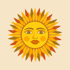 Sun with face. Vector isolated illustration in folklore style