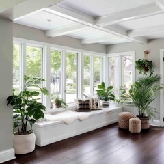 Bright and Airy Living Space with Green Plants and Cozy Decor
