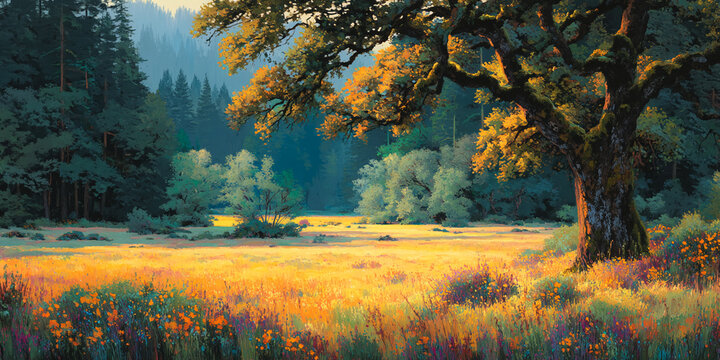 Golden meadow bathed in sunlight, large oak tree stands prominently, forest backdrop, depicting peaceful nature scene, showcasing serenity and tranquility
