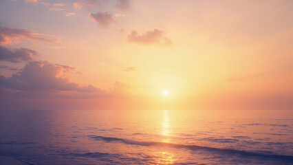 Fototapeta premium A beautiful sunset over the ocean, with the sun setting over the horizon. The sky is filled with colors of orange, yellow, and purple as the sun dips below the horizon. The water is calm.