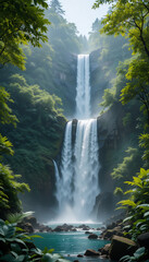 Obraz premium Serene Waterfall Cascading Soft Light Lush Green Foliage. AI Generated