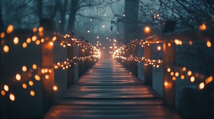 Magical Wooden Footbridge Decked with Sparkling Fairy Lights Amidst a Misty Landscape