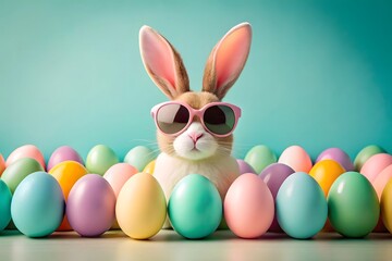 Playful Easter Bunny with Sunglasses and Pastel Colored Eggs on Teal Background