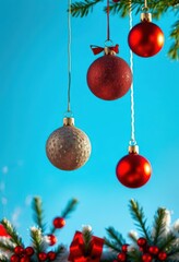 Vibrant blue sky backdrop, glittering Christmas baubles & ornaments, winter wonderland, sparkles