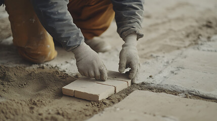Construction worker laying bricks on building site. Featuring precision and teamwork