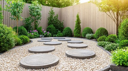 Obraz premium Serene modern garden landscape with stepping stones, lush green bushes, colorful flowe plants, and a wooden fence under bright sunlight for outdoor tranquility