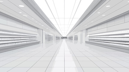 Fototapeta premium This image shows a digital rendering of a long straight corridor, characterized by a pure white hue. Horizontal lines are cleverly embedded in the walls to create a